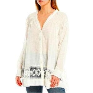 FREE PEOPLE Green Gardens Boho Ivory Crochet Tunic Top - Size XS